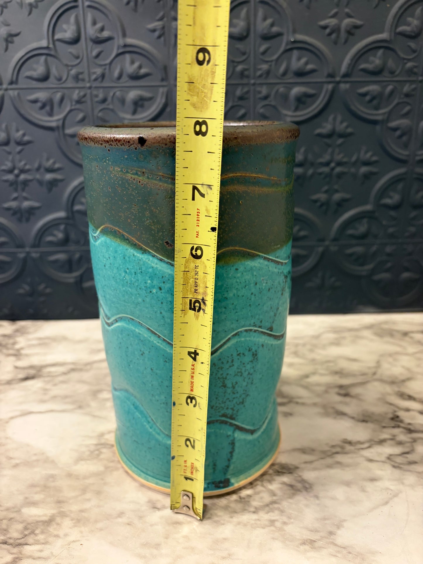 Teal and Brown Wave Pattern Pottery Vase
