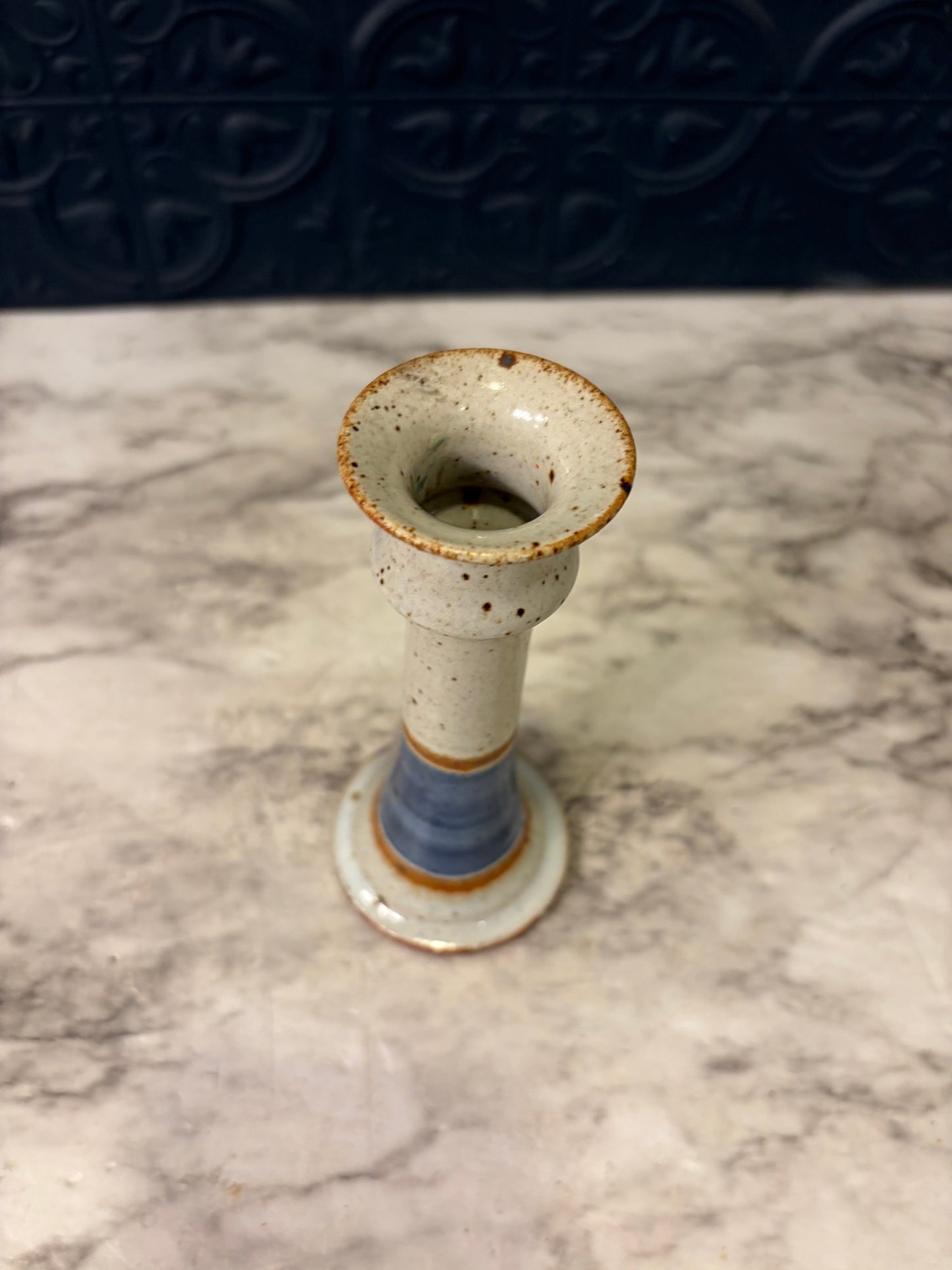 5.5" Stoneware Pottery Candle Holder Blue and Orange Stripes