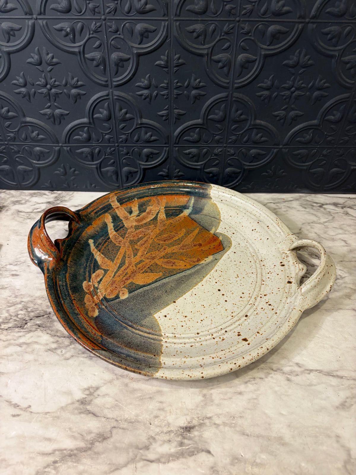 Pottery Tray with Handles Cream and Brown with Leaf Design
