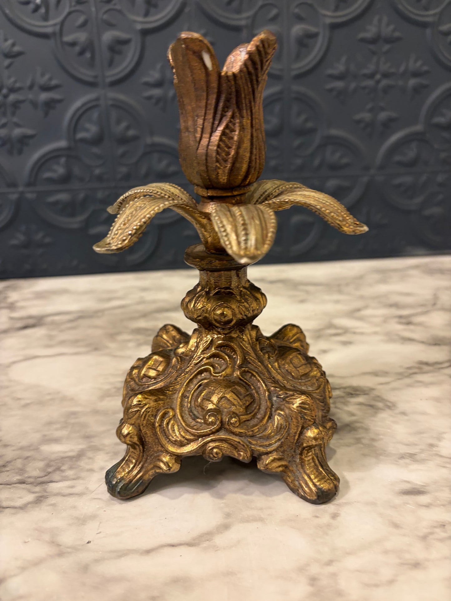 Cast Brass Candle Holder with Ornate Base AS IS