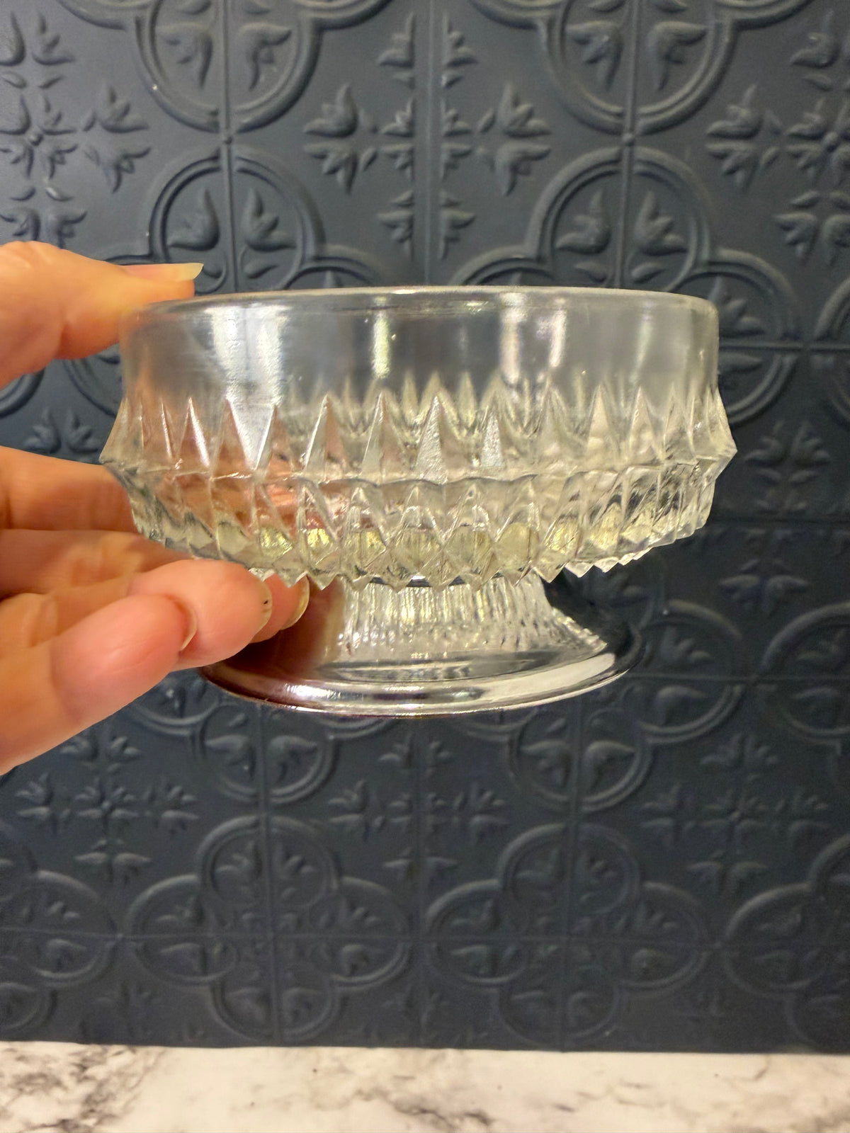 Small Pressed Glass Bowl with Diamond Point Pattern and silvertone base