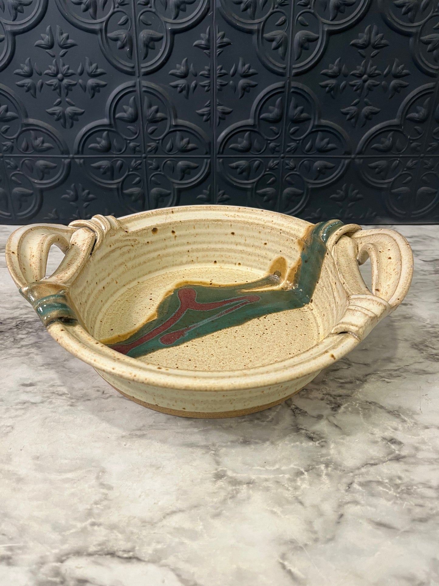 Stoneware Handled Shallow bowl with Green Stripe