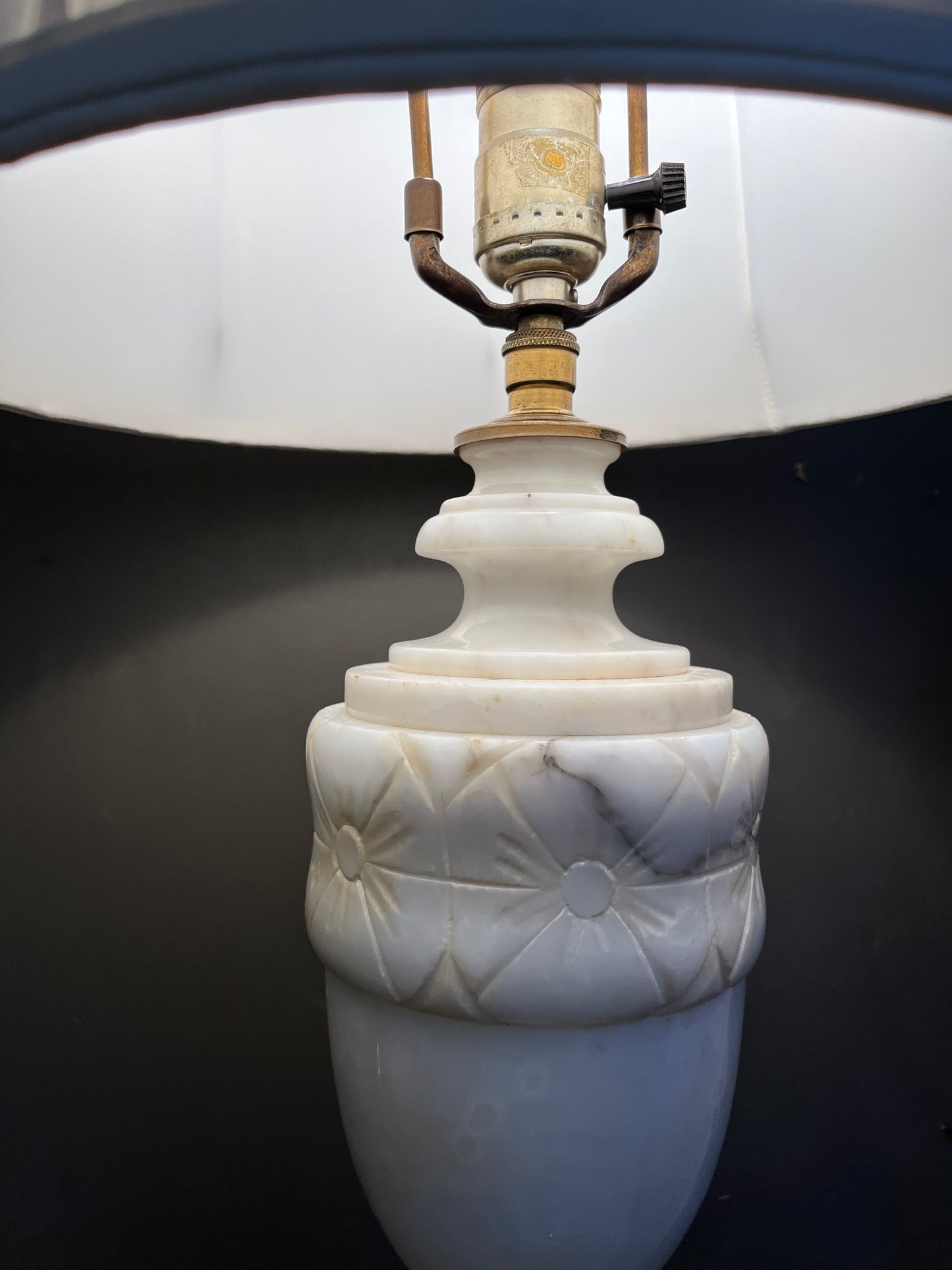 White Alabaster stone lamp with carved flowers