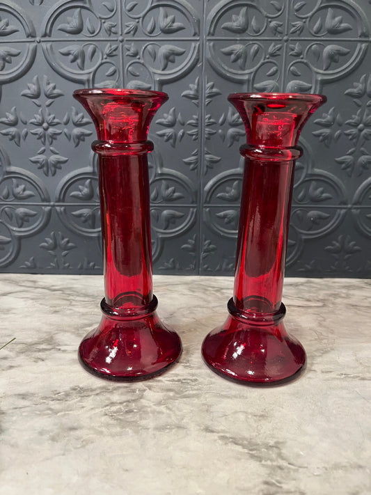 Indiana Glass Red Glass Candle Holders x2