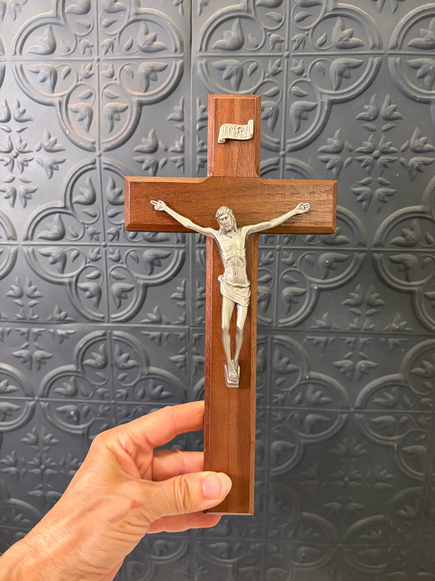 Wood Crucifix with Silver tone