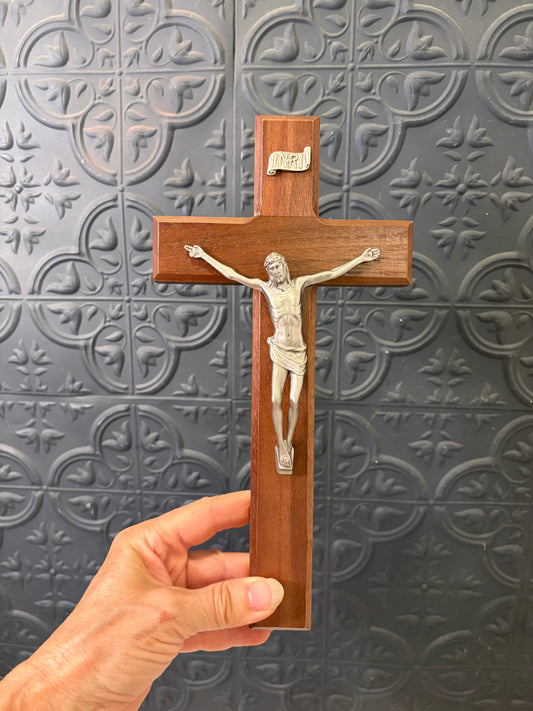 Wood Crucifix with Silver tone