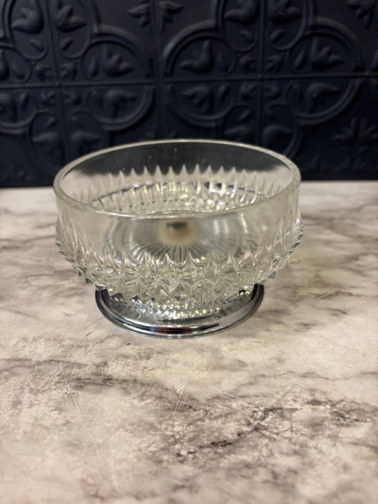 Small Pressed Glass Bowl with Diamond Point Pattern and silvertone base