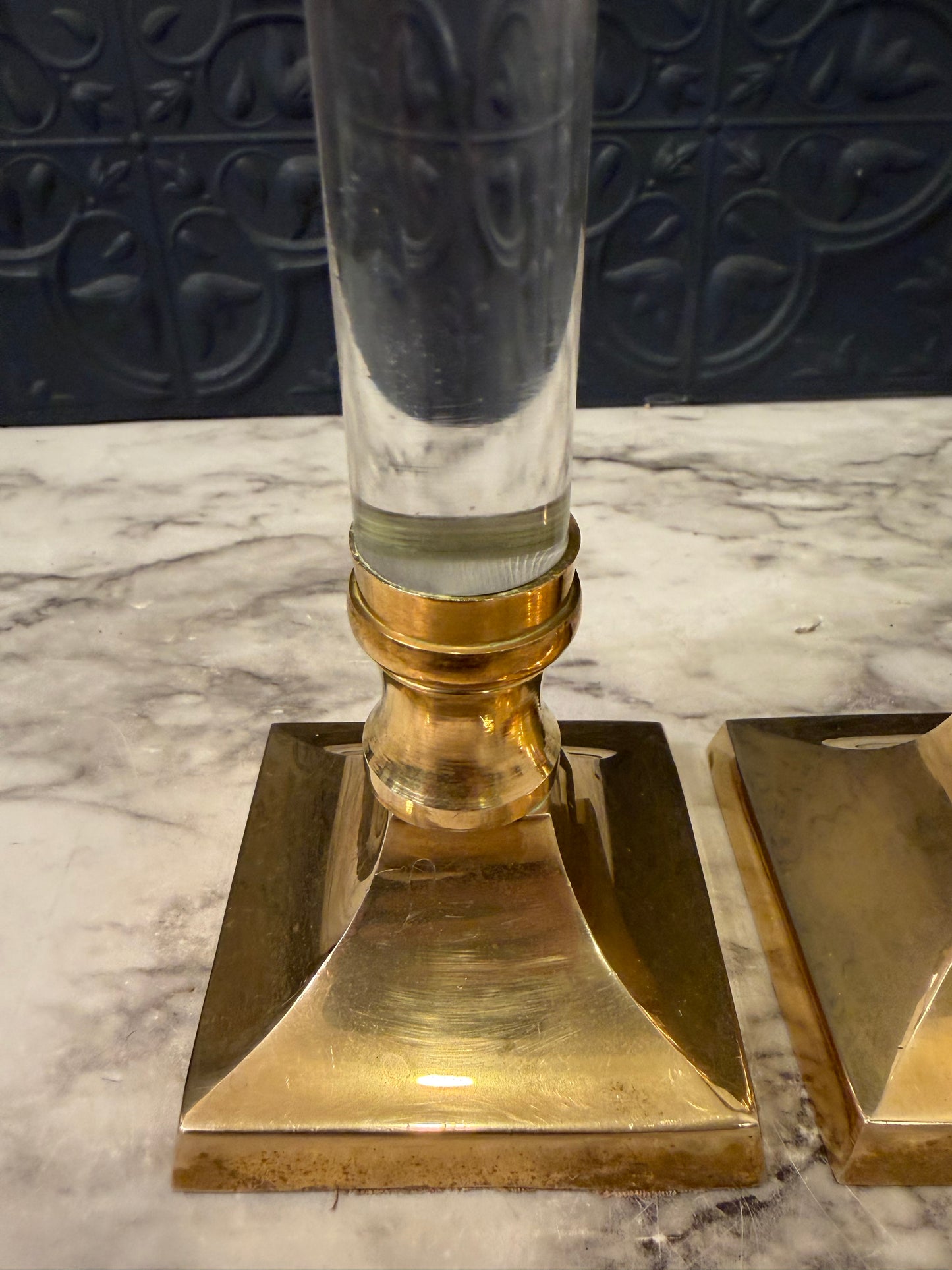 Brass and Lucite Pair of Candle Holders
