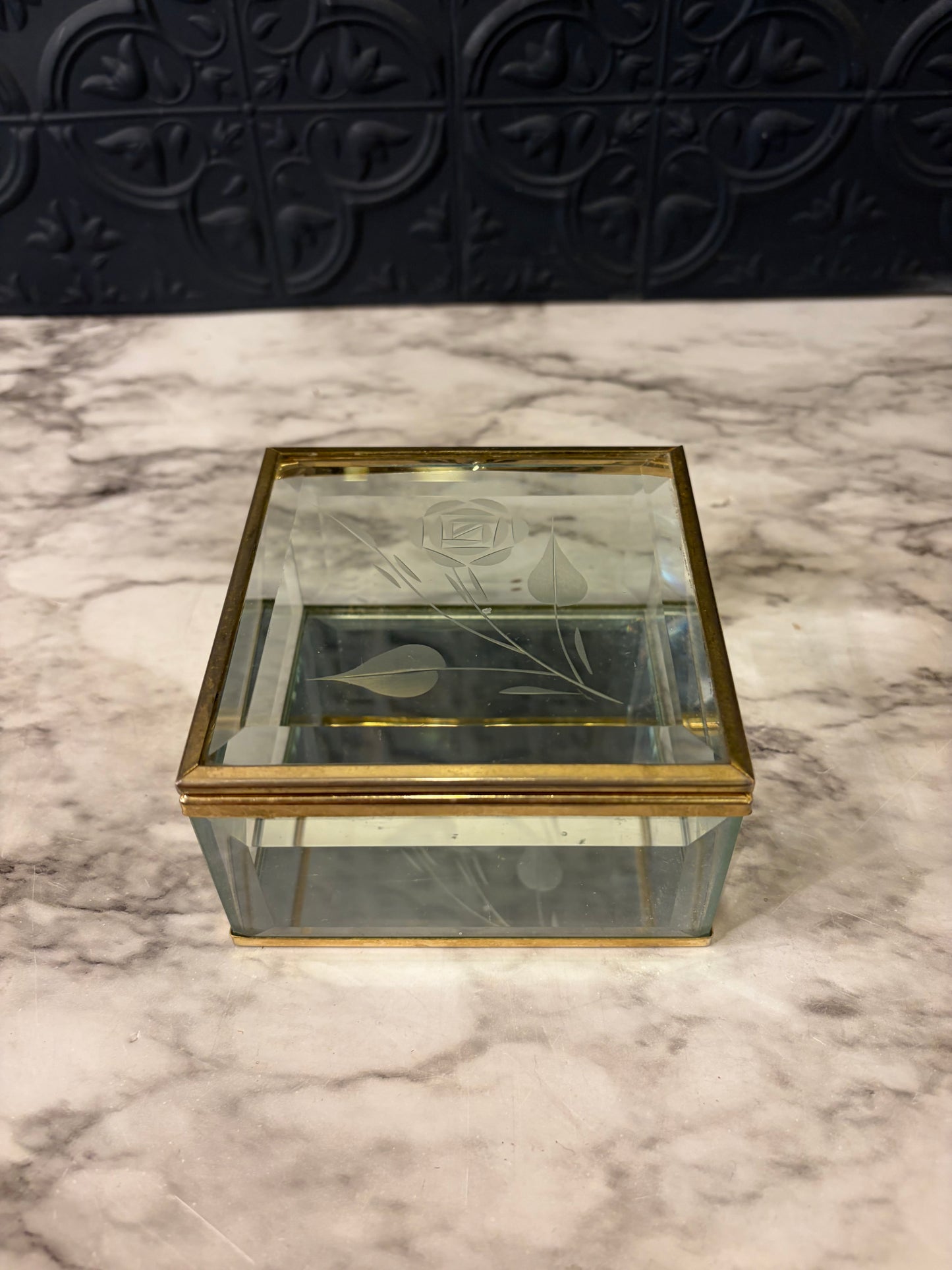 Square Etched Glass and Brass mirrored box