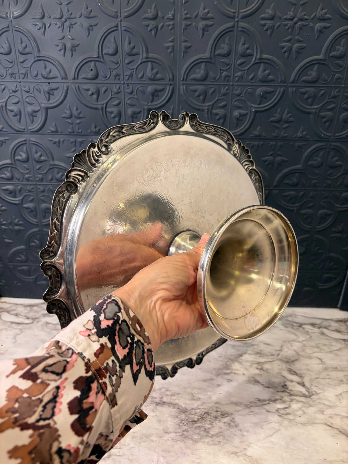 Silver Plated Pedestal Cake Stand Etched