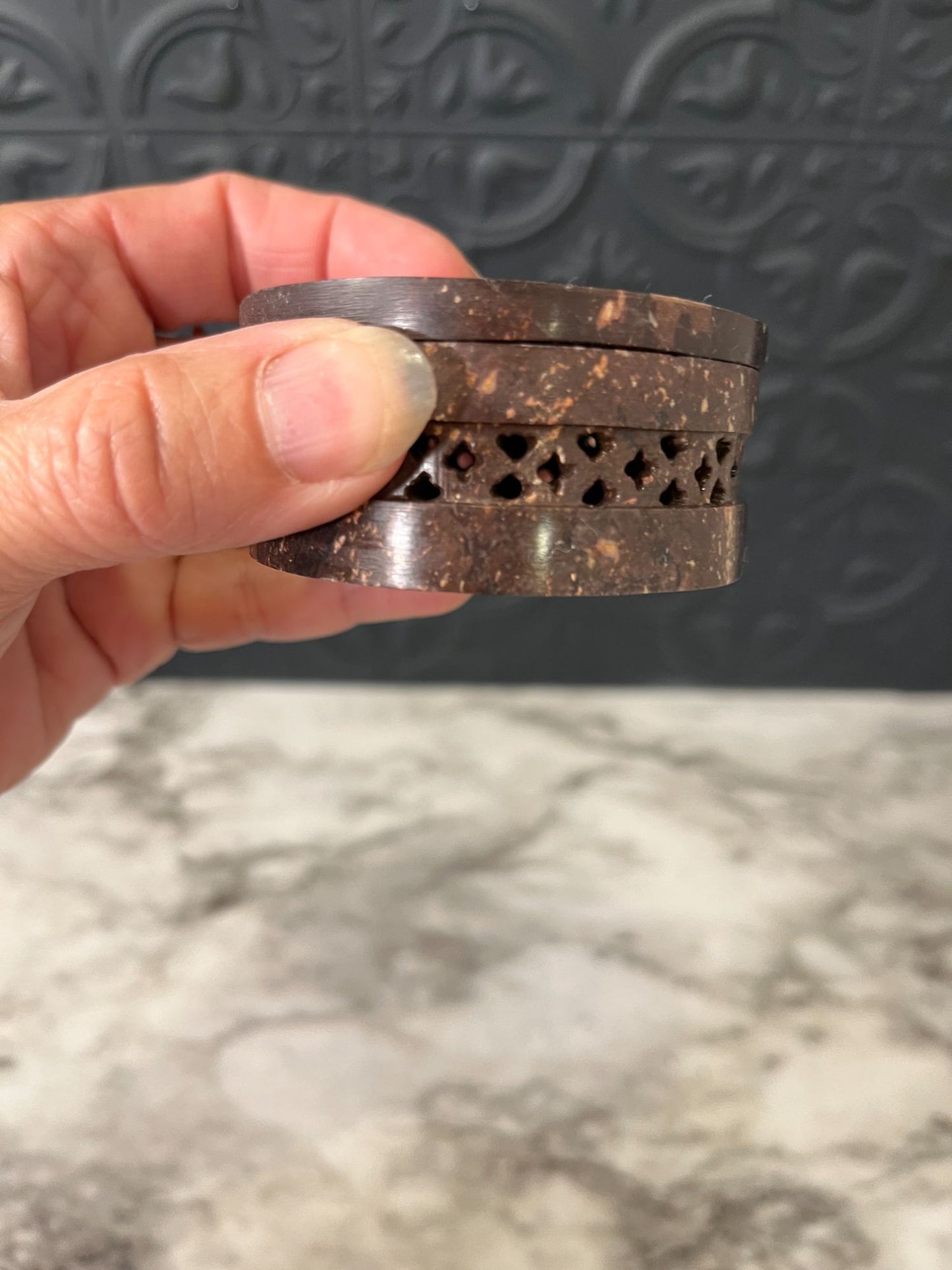 Round Dark Brown Stone box  with flower inlay