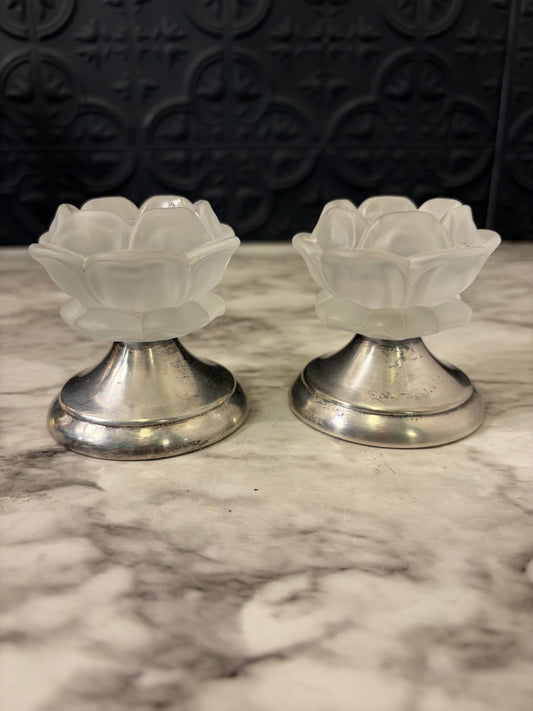 Satin Glass Flower candle holder set of 2