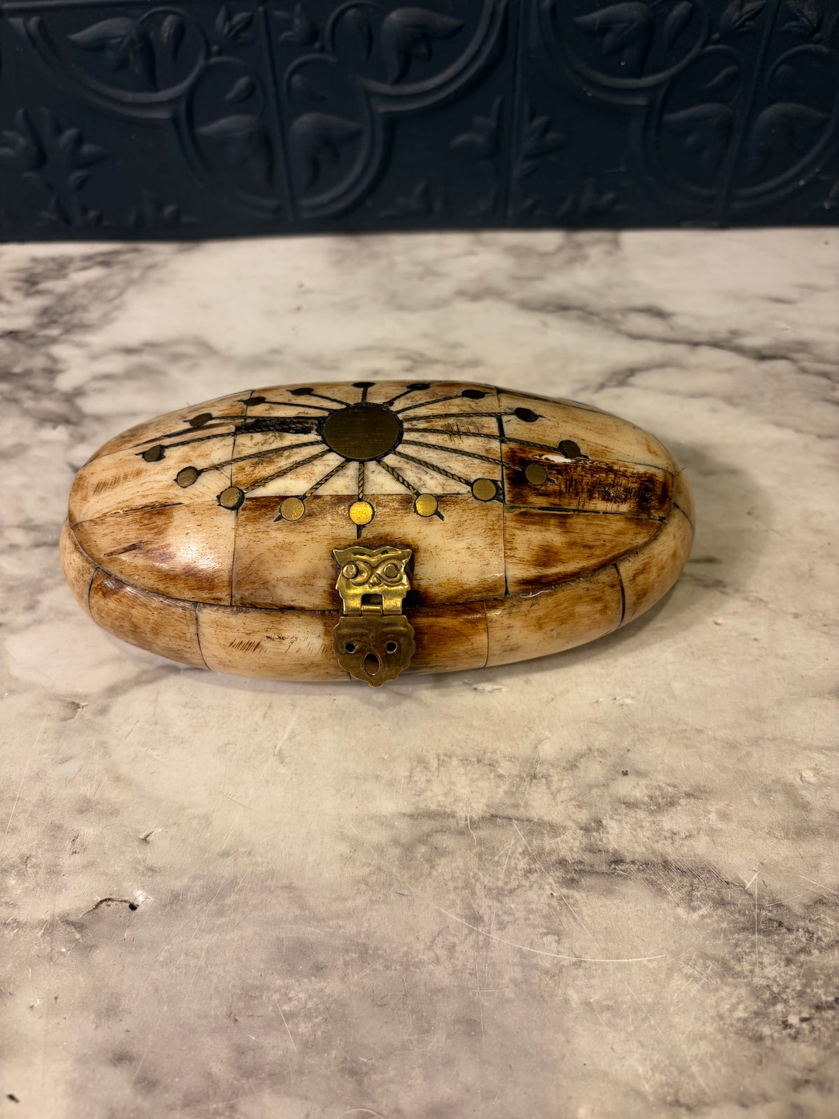 Oval Bone Trinket Box with Brass Inlay