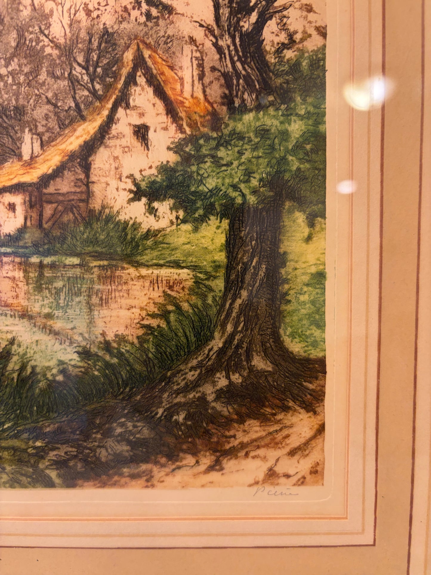 Etching of The Naire River at Premery France Framed