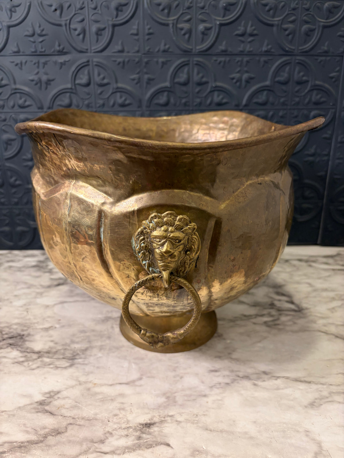 Large Brass Planter with Lion Head Handles