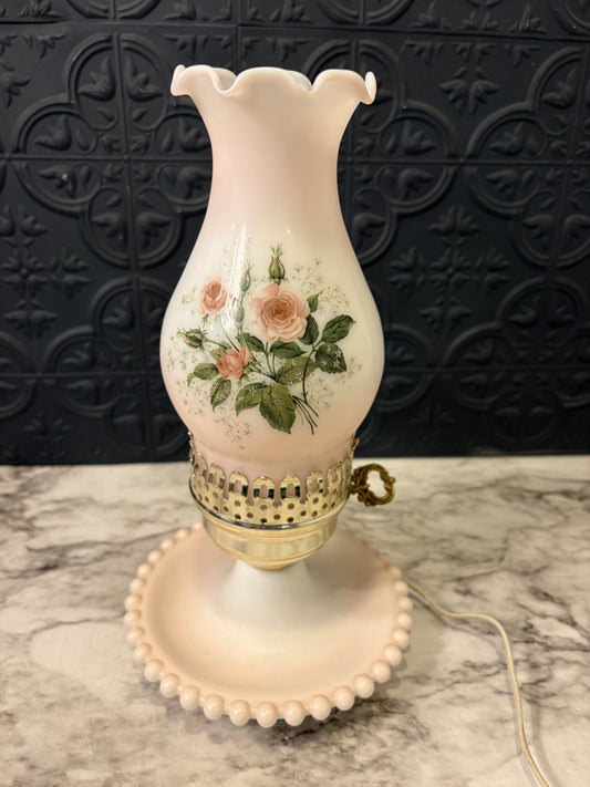 Milkglass Hurrican Lamp with handpainted pink roses