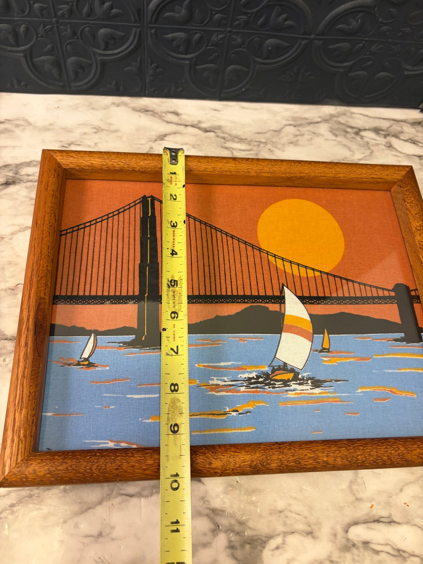 Screen Print of Sailboat on Fabric Framed