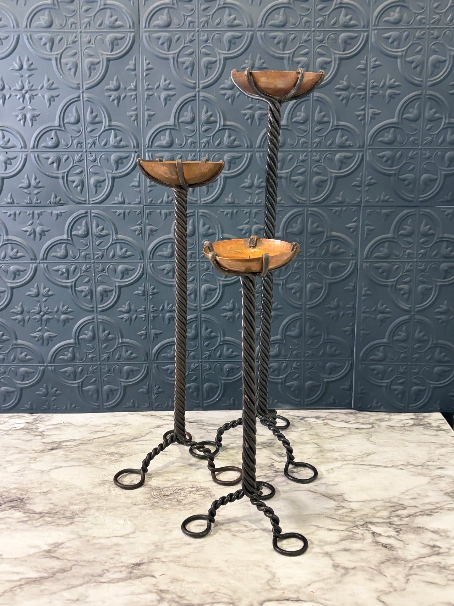 Set of 3 Copper and Wrought Iron Pillar Candle Holders