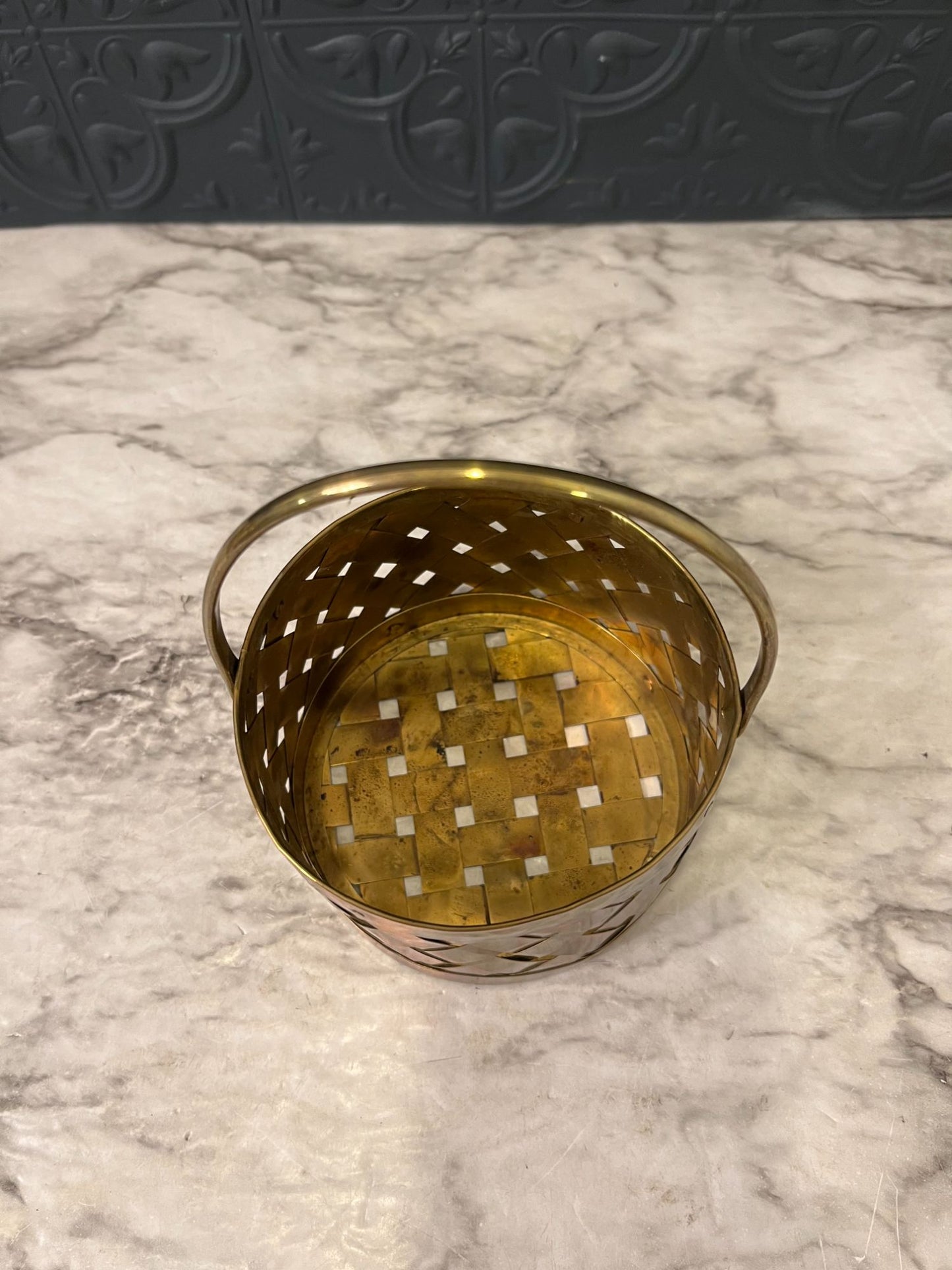 Round Woven Brass Basket with  handle