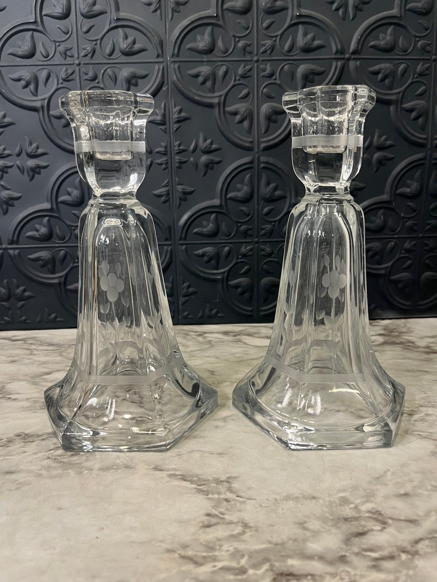 Set of 2 Etched Glass Candle Holders