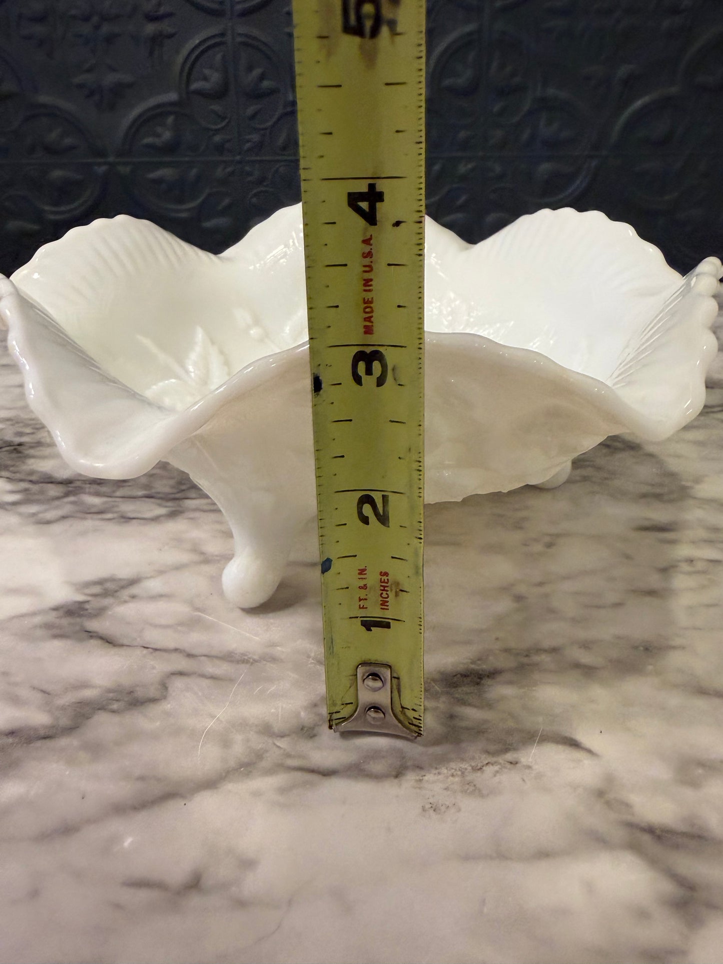 Milk Glass Ruffled Rose Embossed Footed Dish