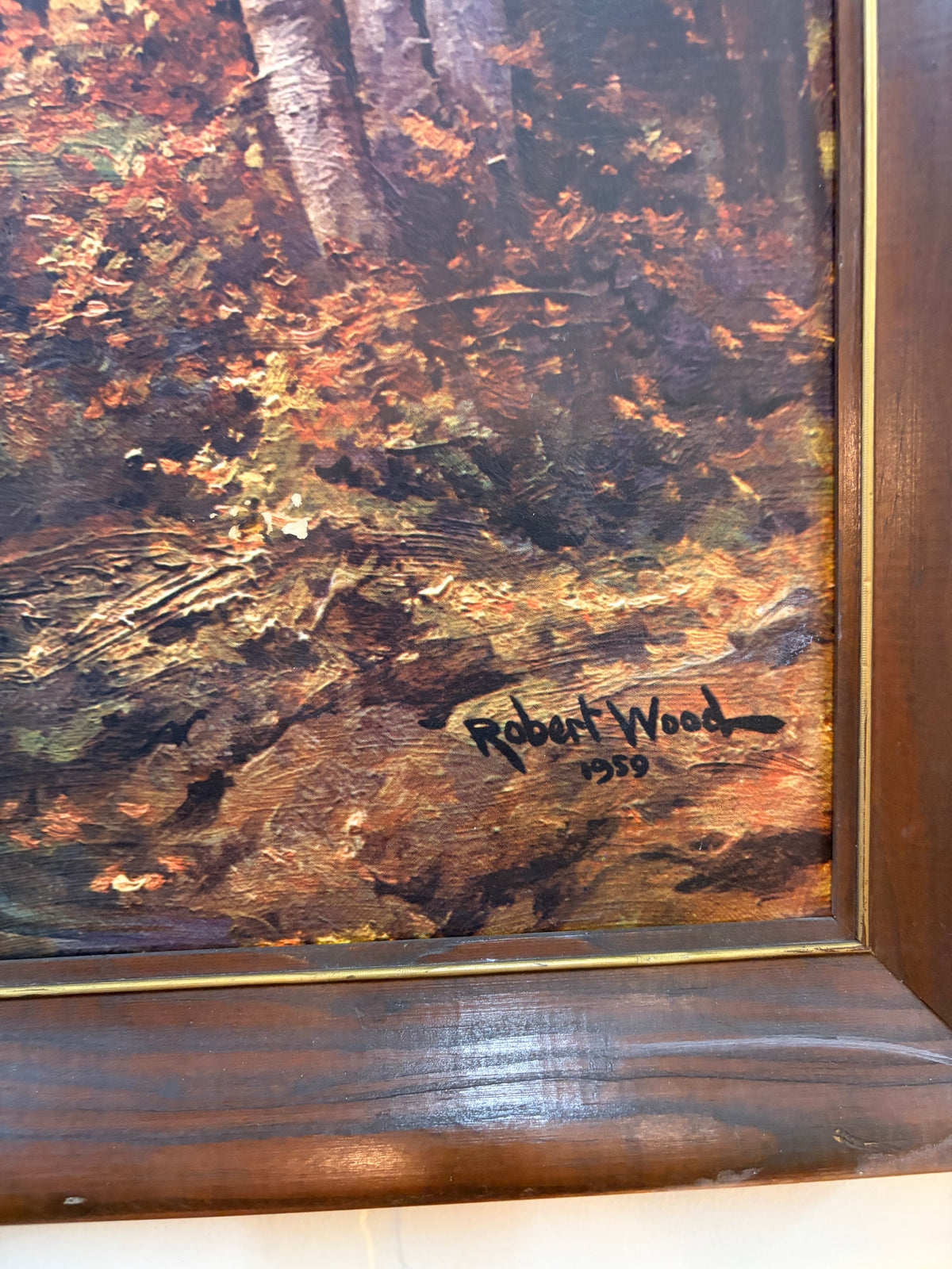 Vintage Framed Print of Fall Trees and Stream 52 x 28