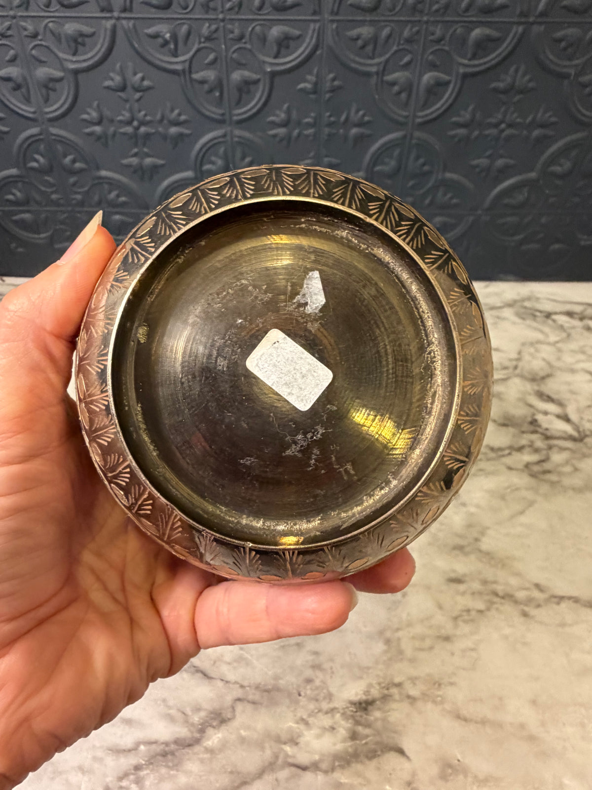 Brass Vase with Etched Flowers and Round Bottom