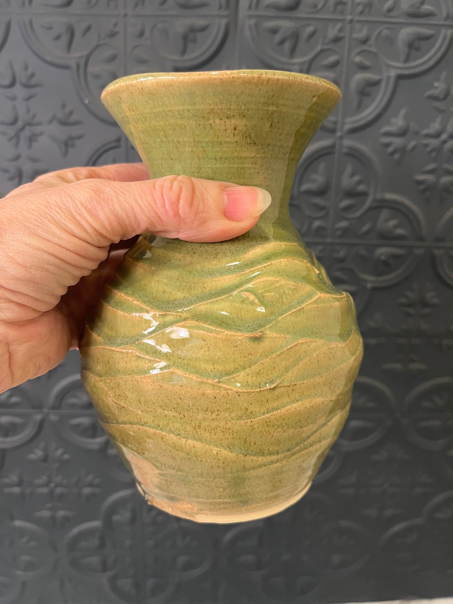Studio Pottery Green with Wave Design