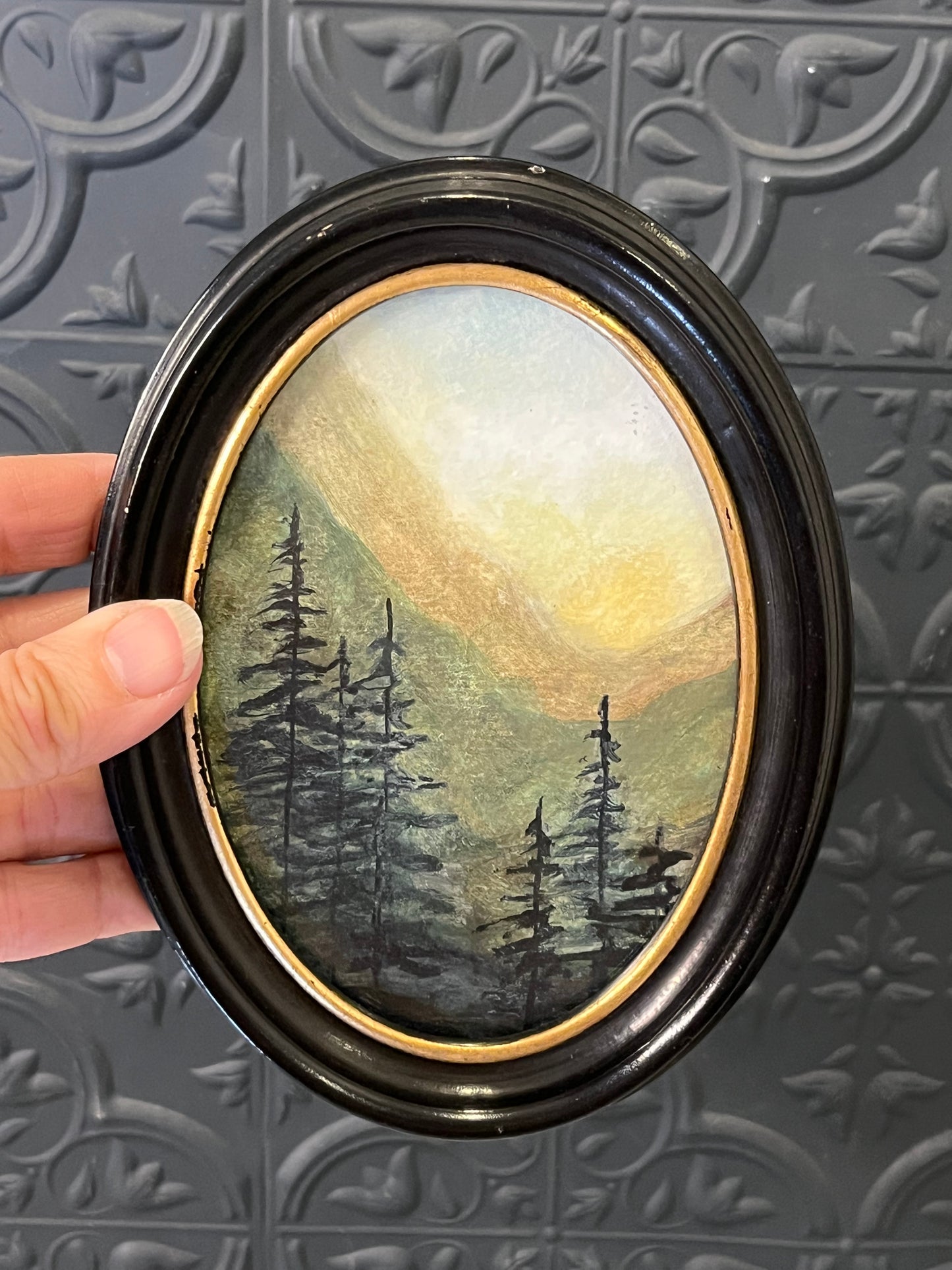 Pines and Peaks Original Painting by Jessie oval Frame