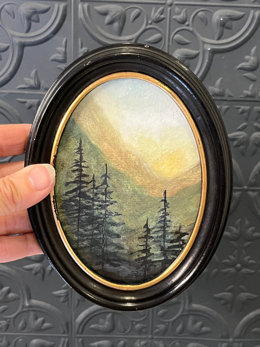 Pines and Peaks Original Painting by Jessie oval Frame