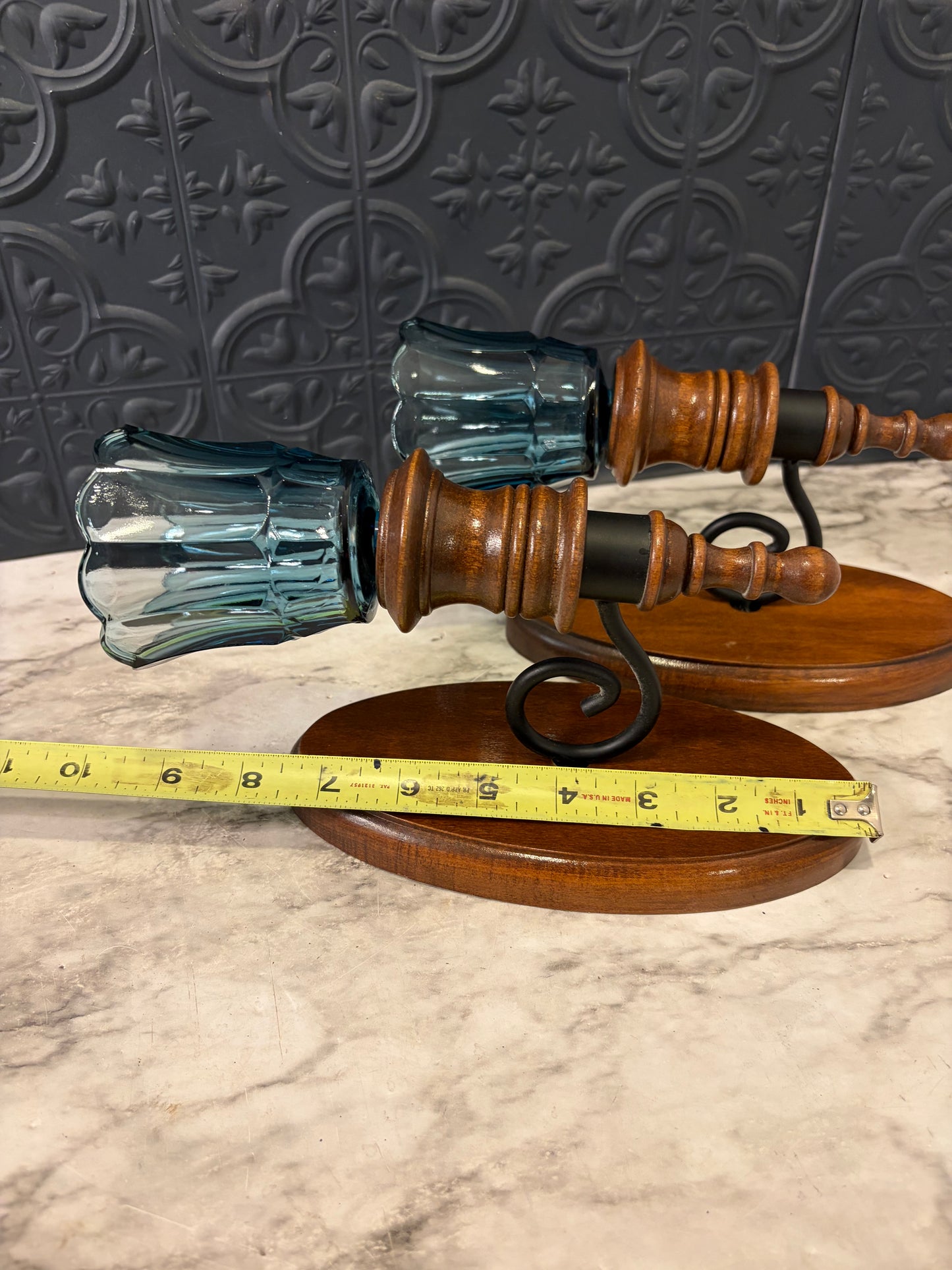 Wood Candle Sconces with Blue Votive Cups x2