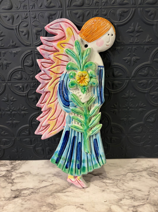 Ceramic Italian folk Art Angel Wall Hanging pink