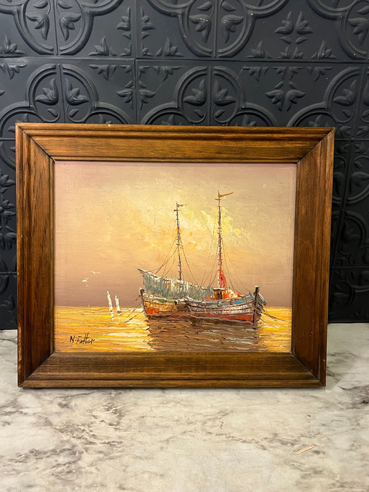 Oil Painting of Fishing Boat at Sunset signed N Falter