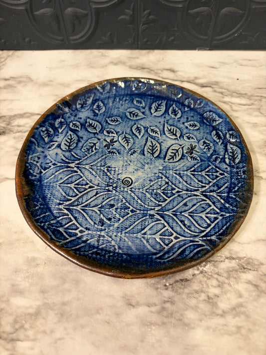 Blue Imprinted Pottery Plate 7"