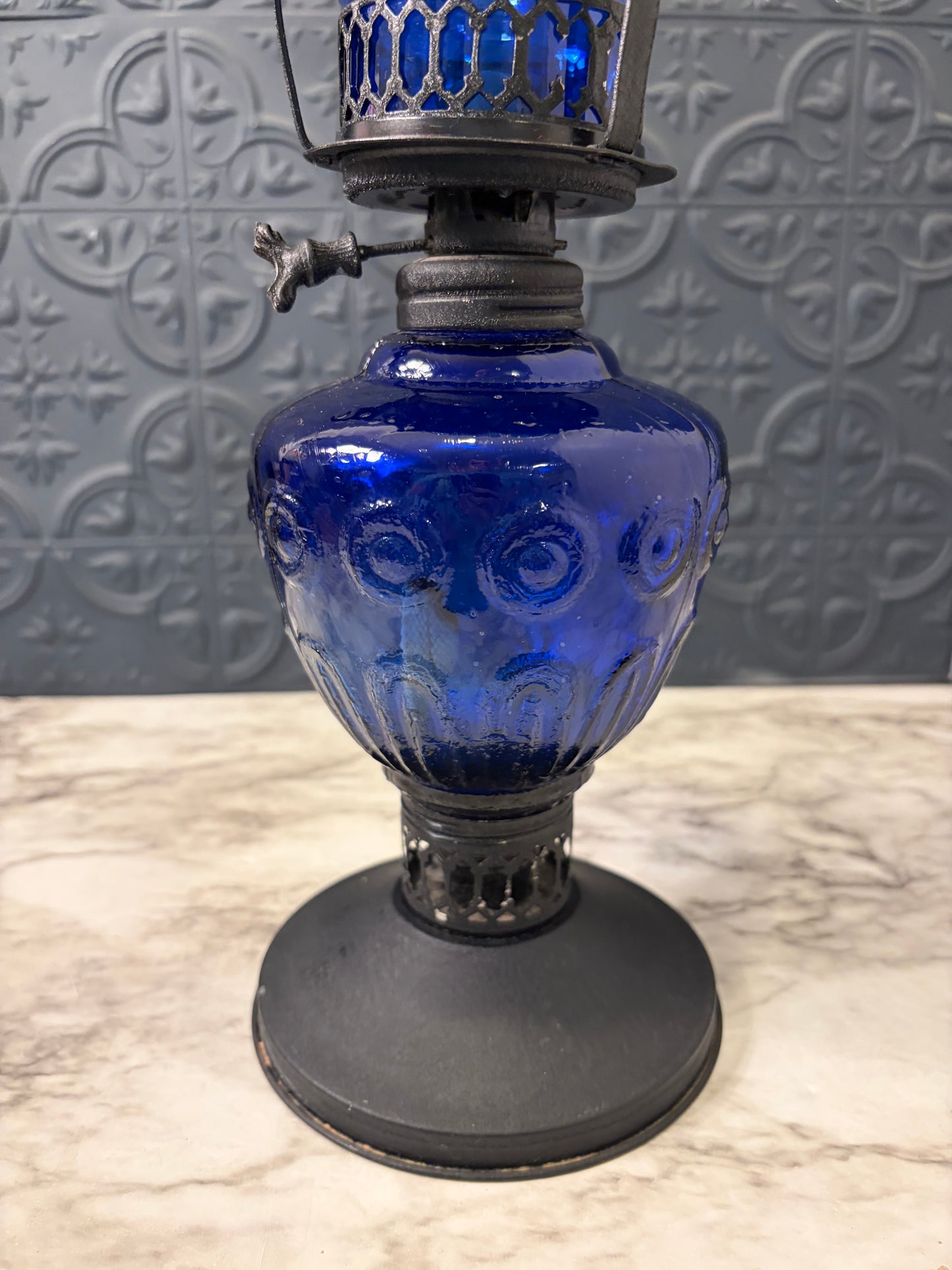 Cobalt Blue Glass and Black Oil Lamp AS IS
