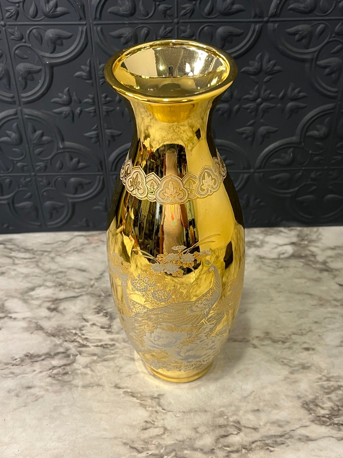 Gilded gold Japanese peacock vase