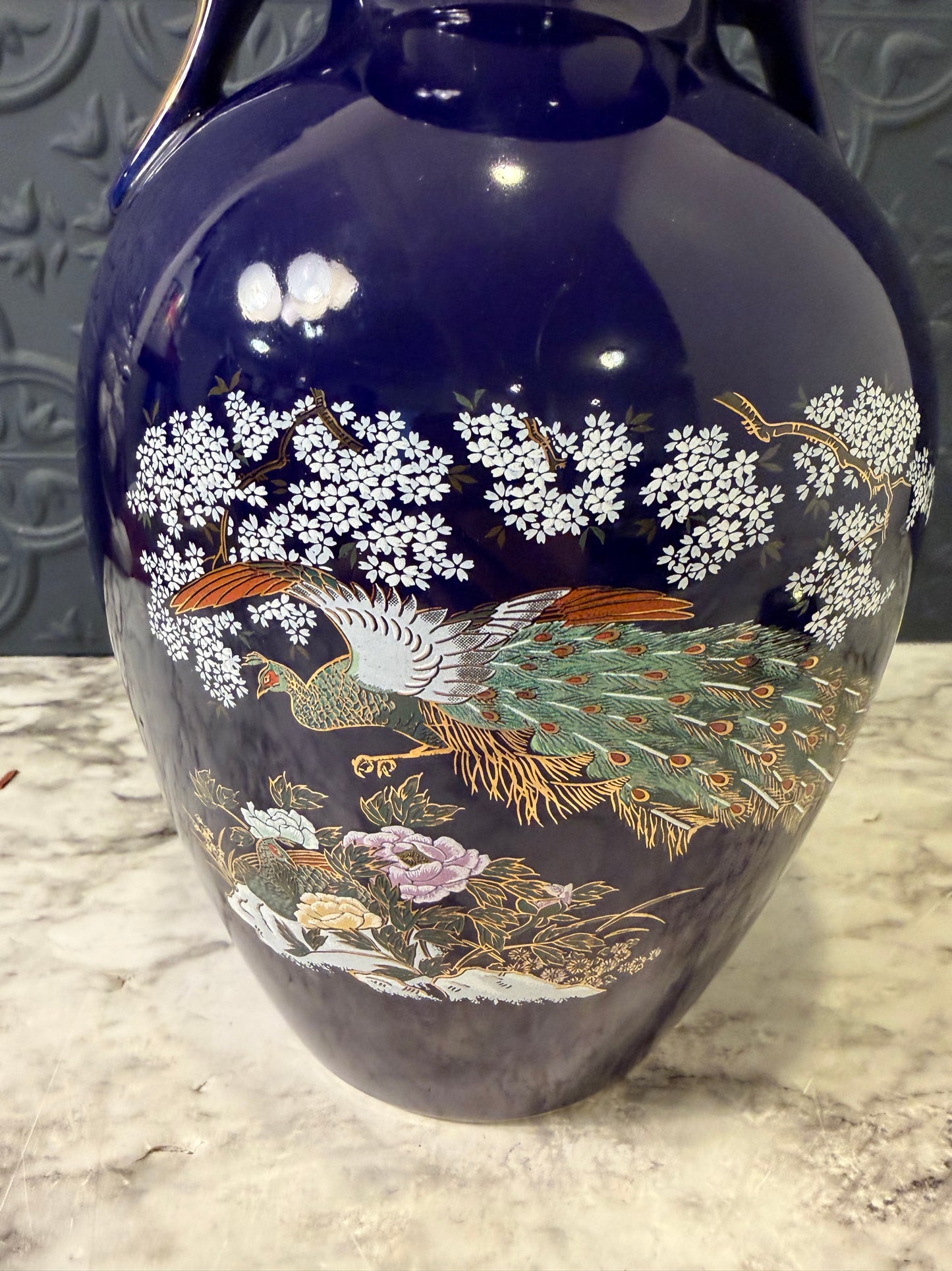 Vintage Cobalt Blue Peacock Vase double handle