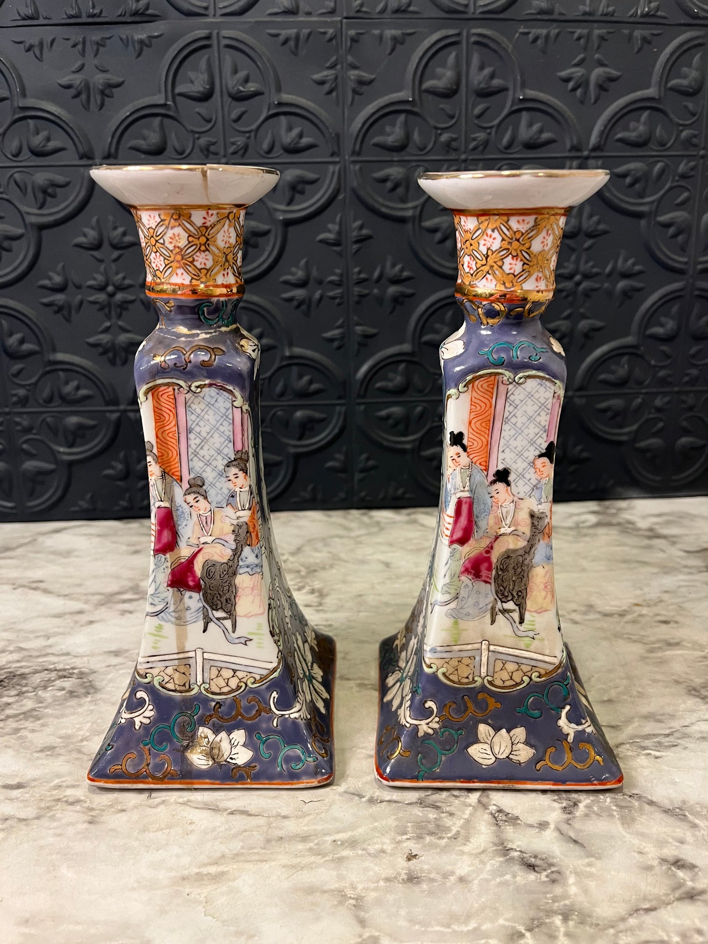 Chinese Hand Painted Candlesticks AS IS