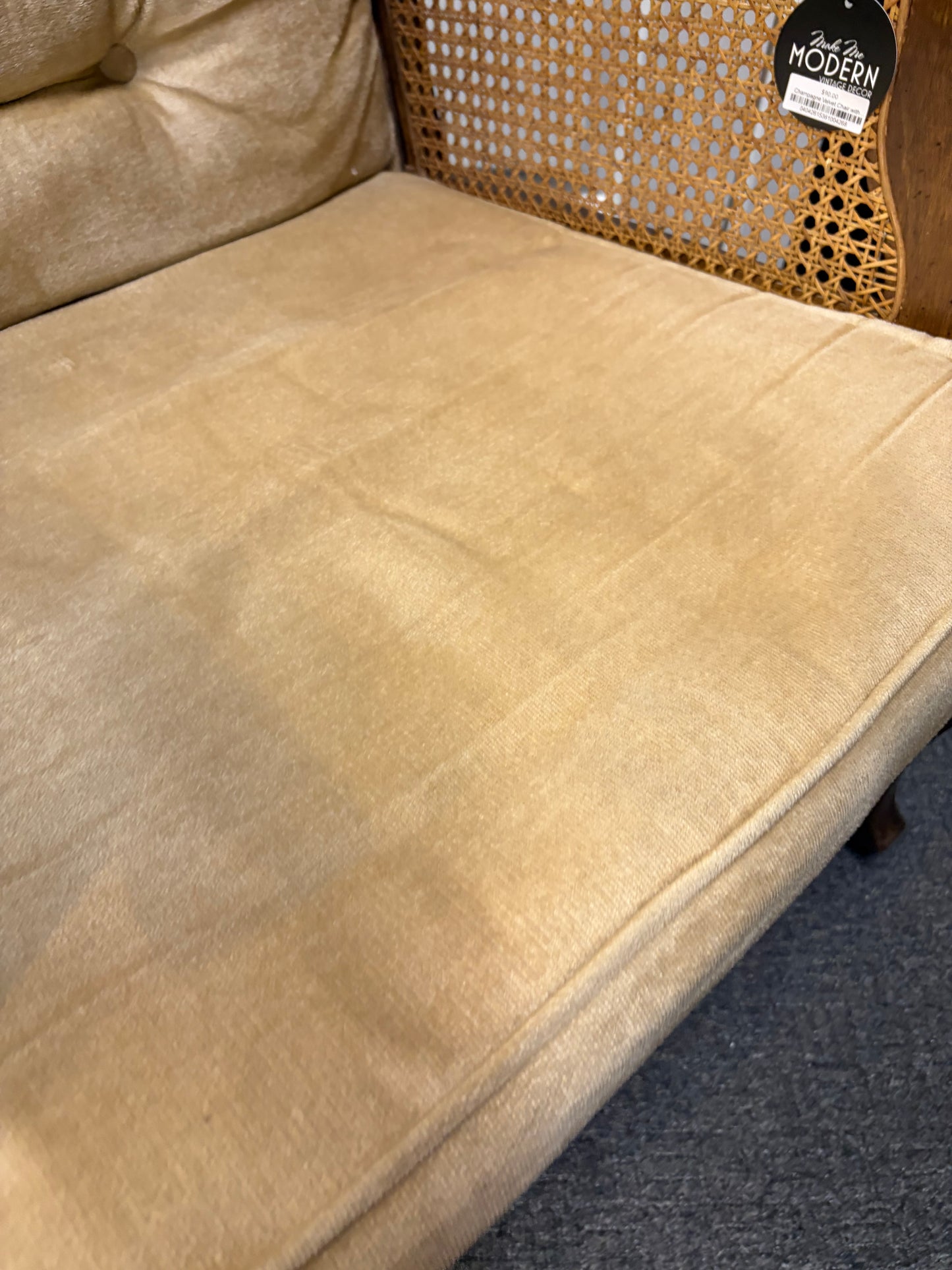 Champagne Velvet Chair with Cane Arms
