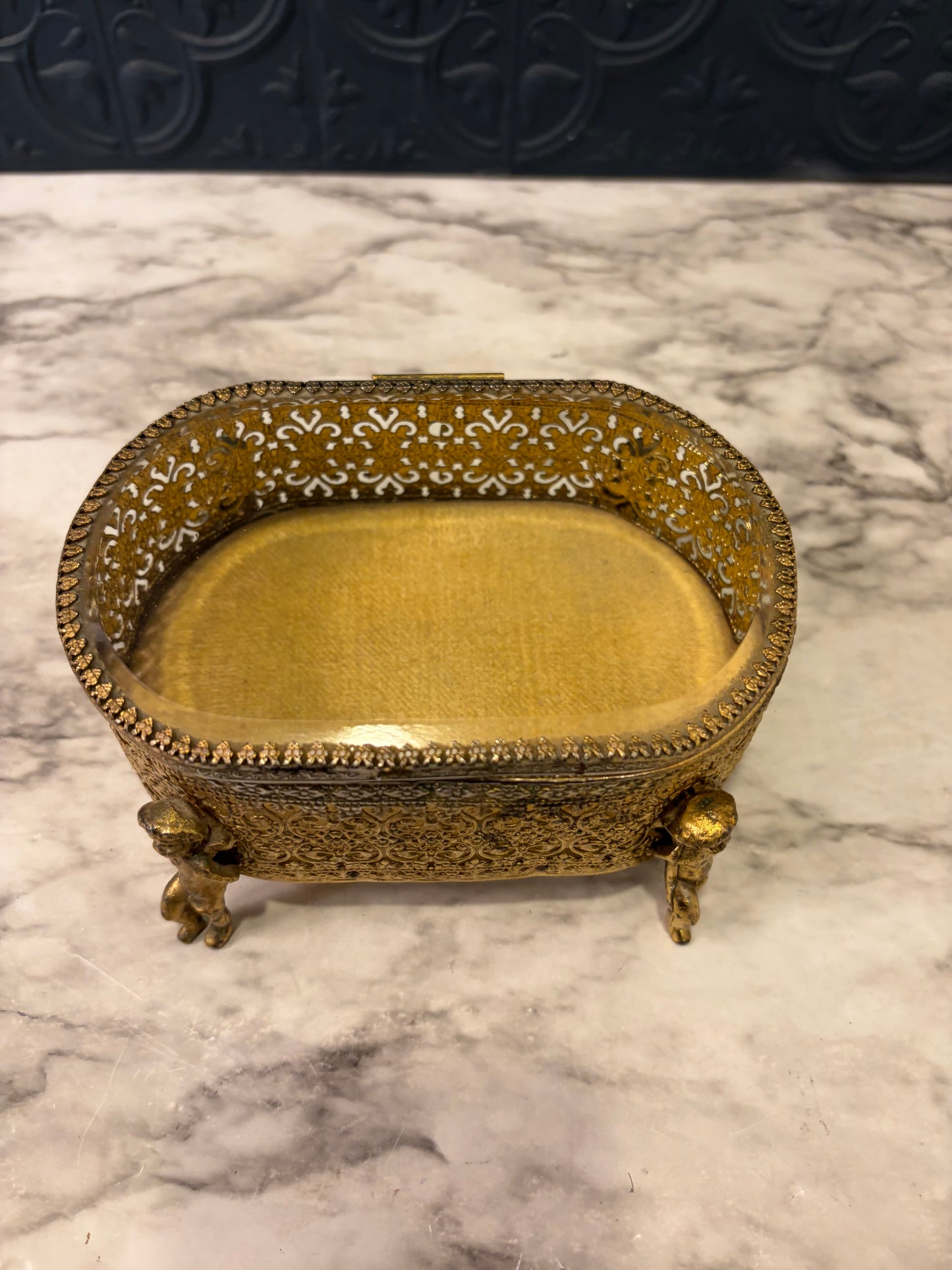 Gold Filigree Jewelry Box with Cherub legs