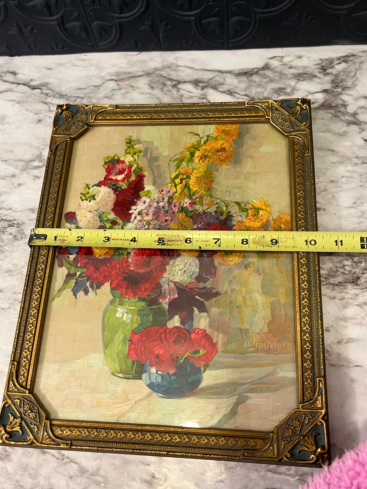 Two Floral Bouquets in Intricate Gold Frame