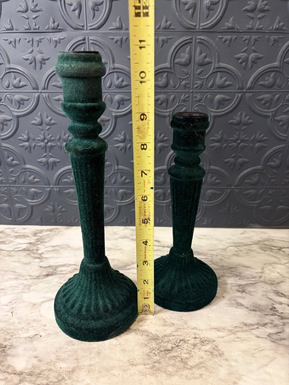 Green Velvet Flocked Candle holder Set of 2
