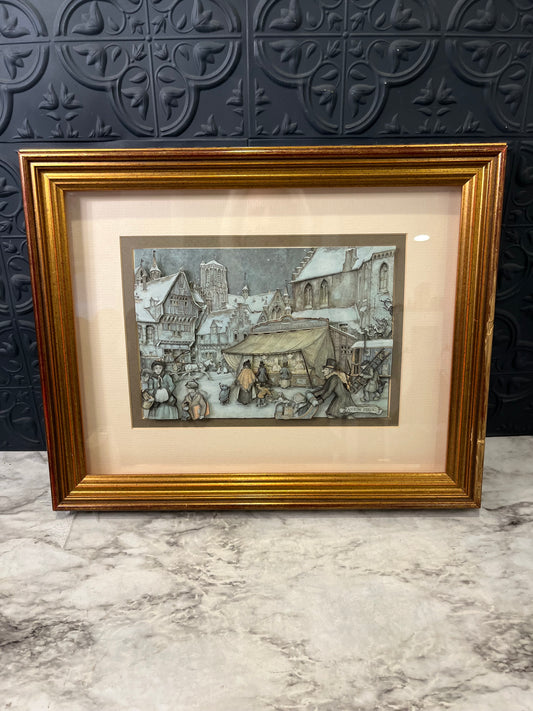 Paper Scultpure of Village Framed by E K Martin