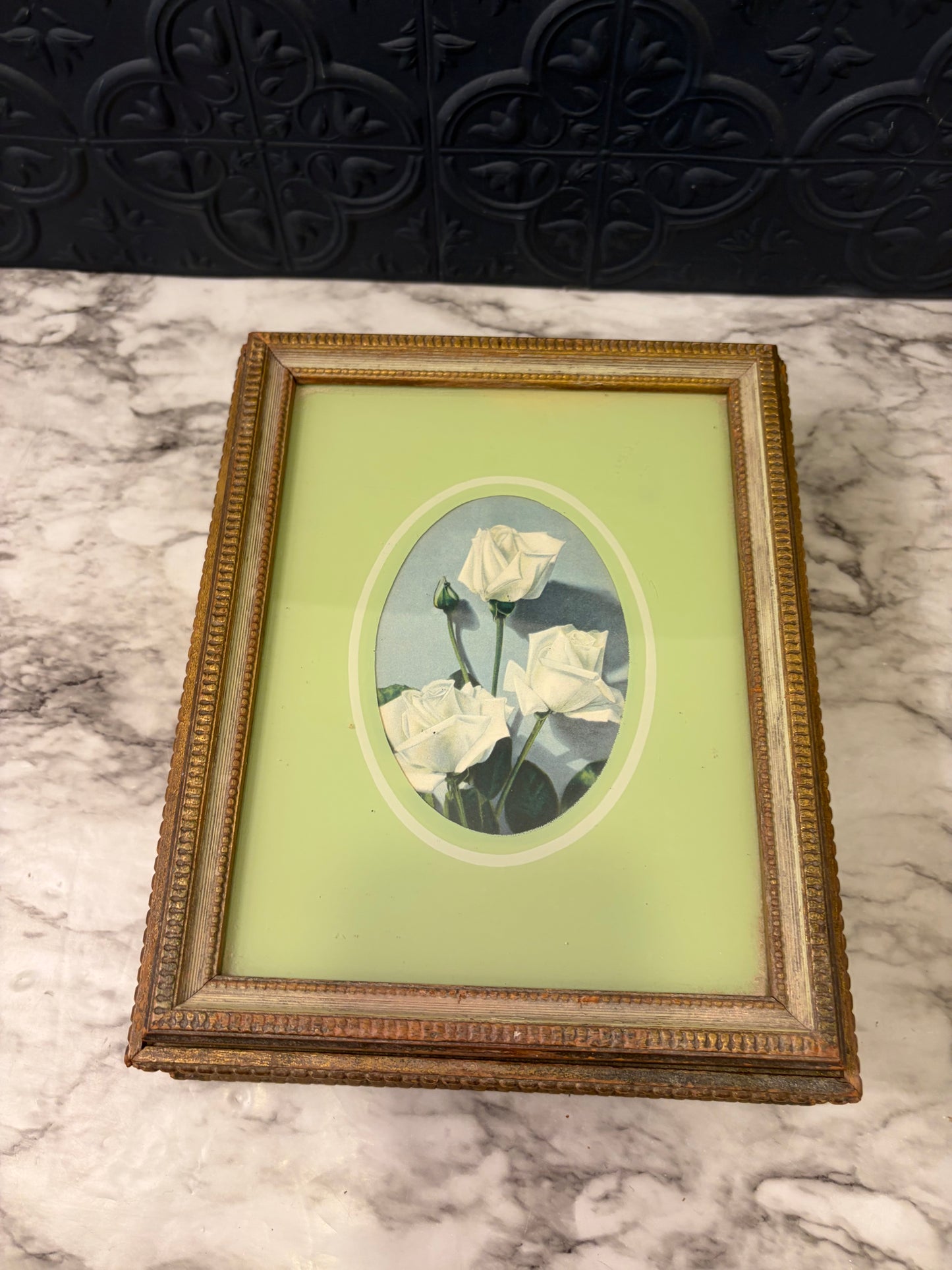 Vintage Wood Jewelry Box with Floral Lid