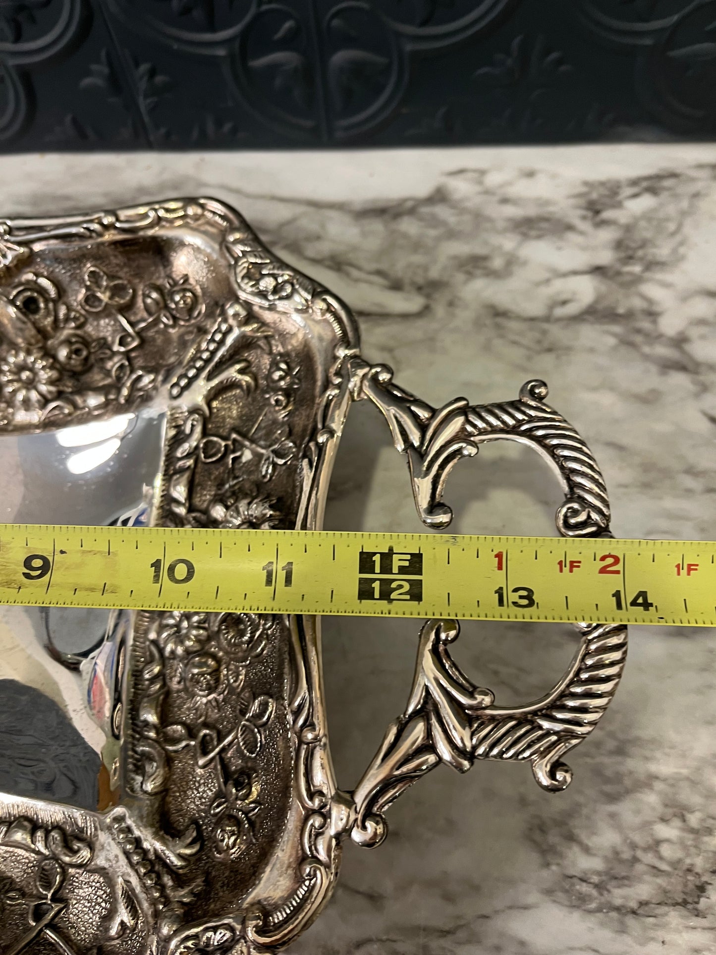Silver plated serving dish with Handles and floral motif