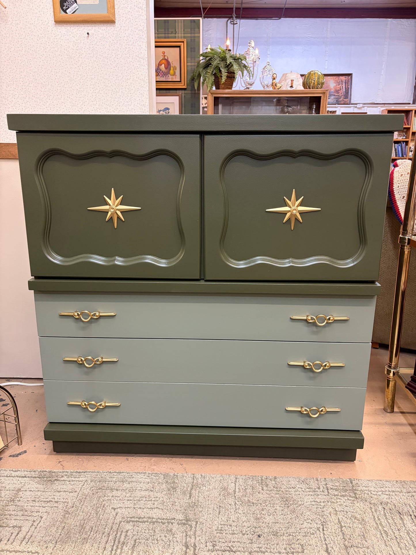 Mid Century Dresser with Two Tone Paint Green Highboy