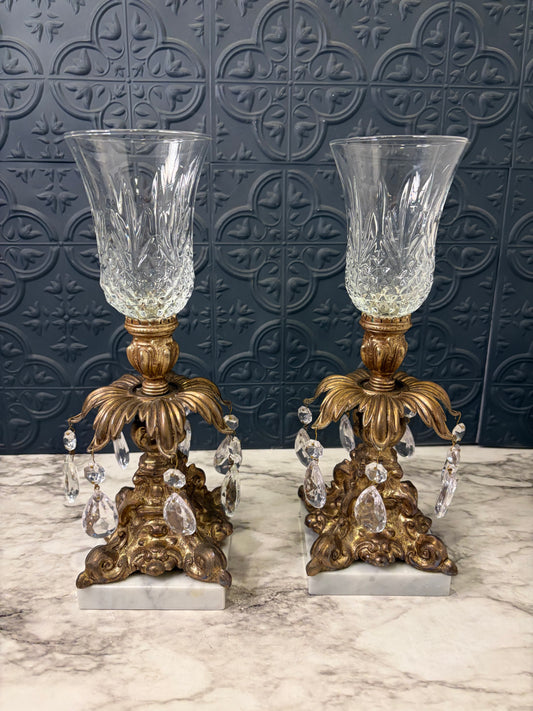 Hollywood Recency Set of 2 Candle Hurricane Candleholder with Crystals
