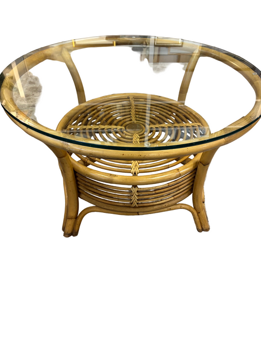 Vintage Ratan Coffee Table with Glass Top