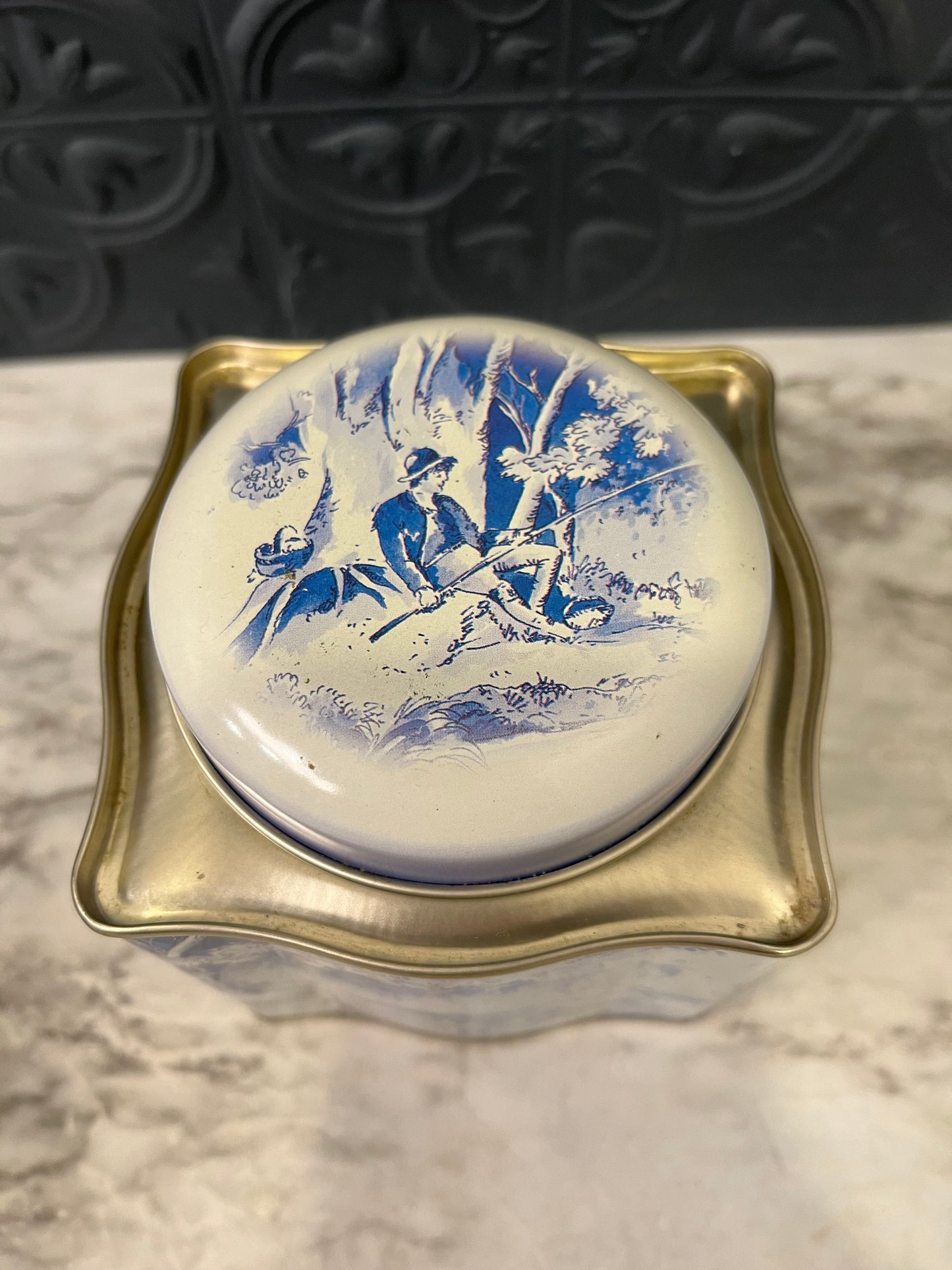 Vintage Blue and White Tin Landscape