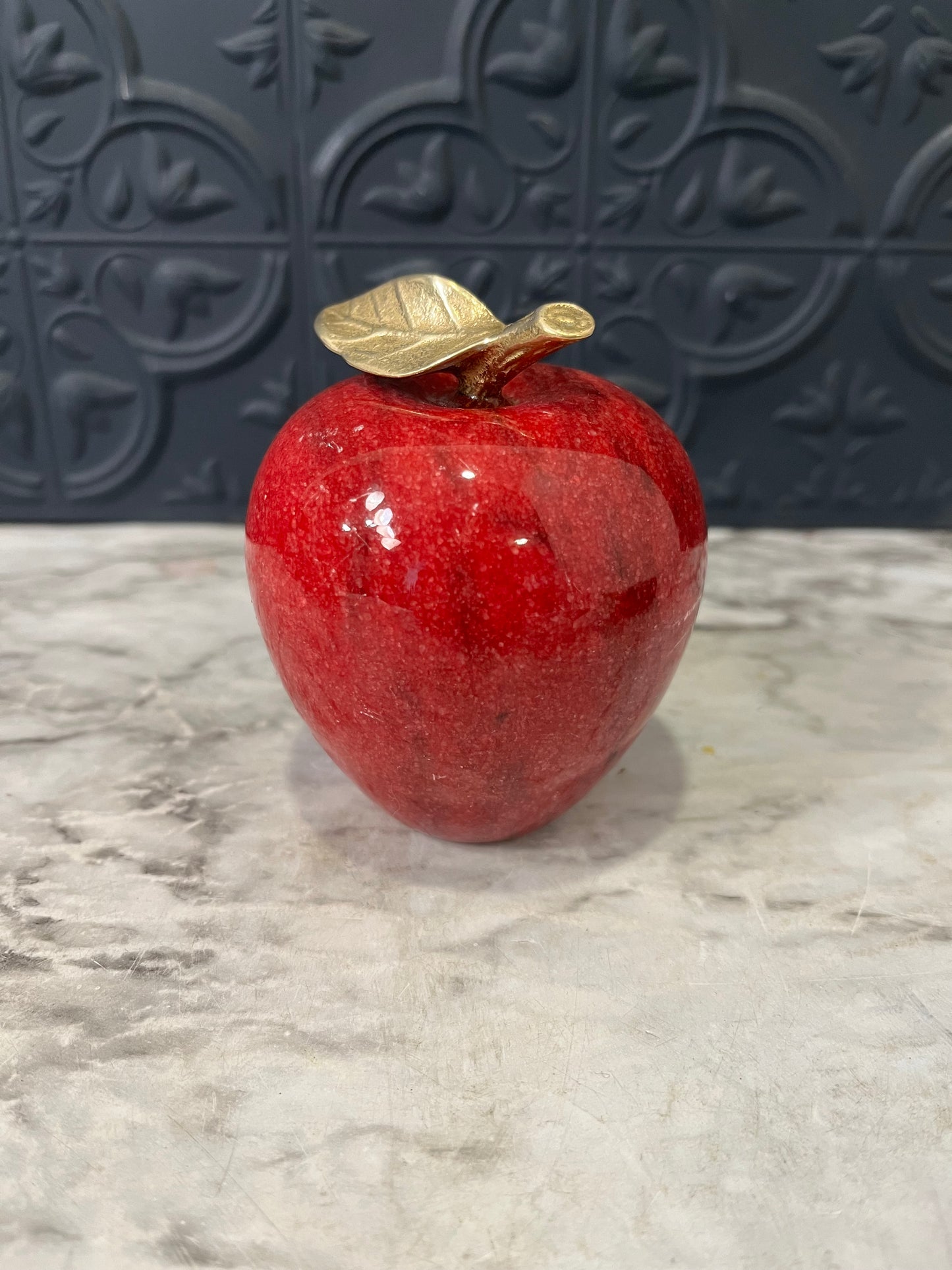 Red Marble Apple with Brass Leaf